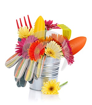 Colorful flowers and garden tools