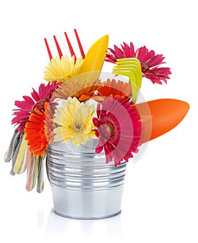 Colorful flowers and garden tools