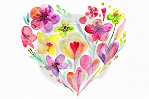 Colorful flowers in heart shape for Valentines Day watercolor illustration