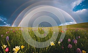 Colorful flowers in the meadow with rainbow in the sky.