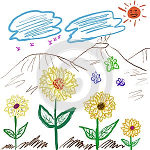 Colorful of flowers,mountain,sun,sky.there are nature in cartoon charector drawing