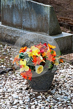 Colorful flowers outside tombstone