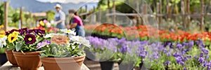 Colorful flowers in pots for sale in spring summer season at garden center