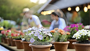 Colorful flowers in pots for sale in spring summer season at garden center