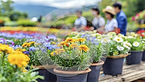 Colorful flowers in pots for sale in spring summer season at garden center