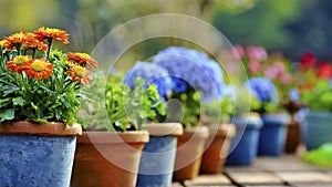 Colorful flowers in pots on wooden table in garden for sale in spring summer season