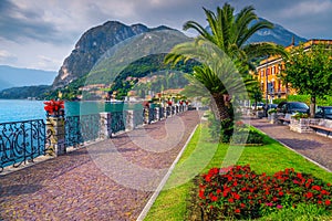 Colorful flowers and spectacular walkway, Lake Como, Menaggio, Lombardy, Italy