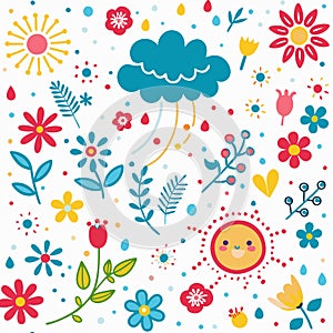 Colorful flowers, sun, and rain cloud pattern