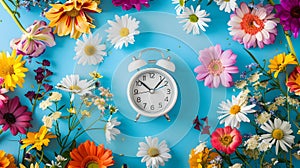 Colorful flowers surrounding a classic white alarm clock on a blue background. time and nature concept in a still life