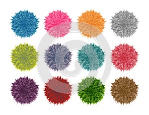 Colorful fluffy pompom set isolated on white background