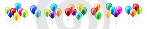 Colorful flying helium balloons with ribbon. Birthday party celebration. Realistic glossy balloon. Design element for
