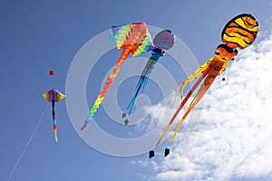 Colorful flying kites against a blue sky photo