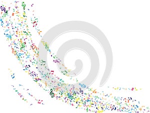 Colorful flying musical notes isolated on white background.