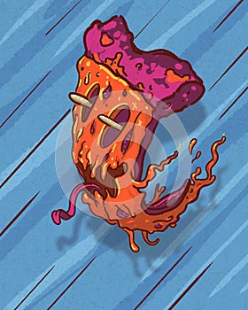 Colorful flying pizza slice in skate surf art urban hardcore style - digital fantasy illustration