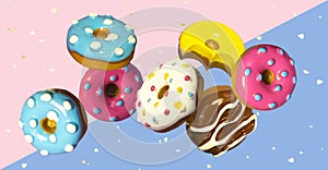 Colorful flying toys doughnuts with golden shiny confetti on pink blue background, banner.  Creative concept in minimal style