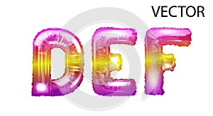 Colorful foil balloon alphabet set of letters D, E, F realistic 3d illustration metal balloon. The balloon alphabet