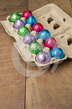 Colorful foiled eggs in container