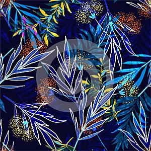 Colorful foliage Dark tropical night Seamless pattern in the forest with many kind of exotic plants and leaves in vector ,Design