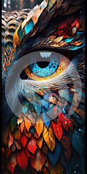 Colorful Forest Reflection in Spiritual Owl\'s Extreme Close-Up Eye.