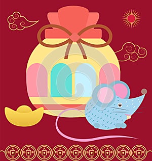 Colorful Fortune Bag, Hieroglyphs and Mouse Vector