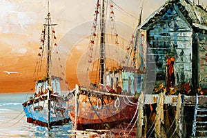 Colorful Fragment of Fisherman Boats and Shacks in Harbor Oil Painting