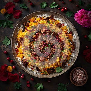 Colorful and fragrant bowl of Tajikistan& x27;s signature rice pilaf, Osh, with tender pieces of lamb or beef