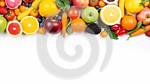 colorful frame of fresh vegetables and fruits isolated on white background