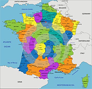 Colorful France political map with clearly labeled, separated layers.