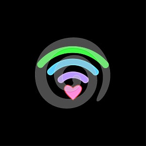 Colorful free WiFi icon with heart sign isolated on black background. Wireless internet connection concept. Network logo. Vector