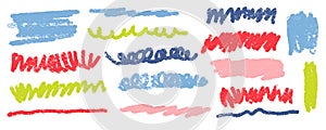 Colorful freehand charcoal strokes set, squiggle and shapes collection. Hand drawn abstract shapes and lines drawn with