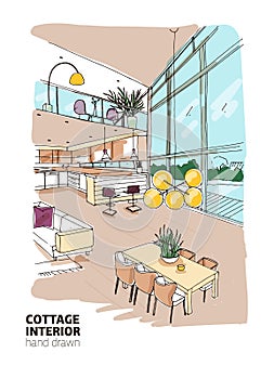 Colorful freehand drawing of modern country house or summer cottage interior full of stylish furniture. Hand drawn