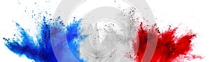 Colorful french flag blue white red color holi paint powder explosion isolated background. france europe celebration soccer travel