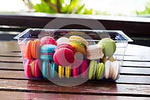 Colorful French macarons in a box,Macaroons dessert gift