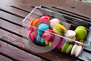 Colorful French macarons in a box,Macaroons dessert gift