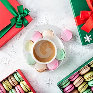 Colorful French macarons at Christmas