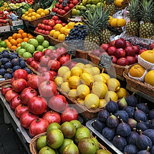 Colorful Fresh Fruit Display at Market Stall