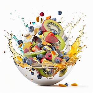 Colorful fresh fruit salad in a white plate, fruits flying in the air, levitation on a white background.