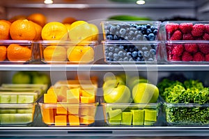 Colorful fresh fruit and vegetable display in a refrigerated store shelf