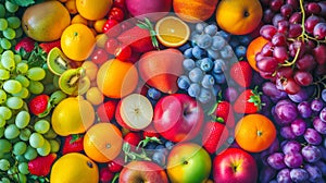 Colorful fresh fruits top view, in a rainbow gradient