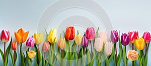 Colorful fresh spring tulips flowers border in a row on white background