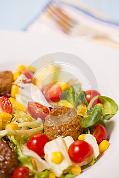 Colorful fresh vegetable salad with meatballs and corn seeds