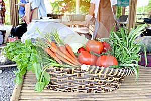 Colorful fresh vegetables and fruits in wicker basket, tomatoes, carrots and green vegetables. Organic healthy food for vitamins