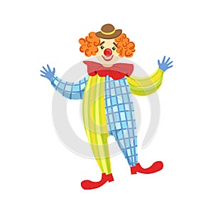 Colorful Friendly Clown In Derby Hat And Classic Outfit