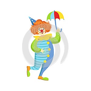 Colorful Friendly Clown With Mini Umbrella In Classic Outfit