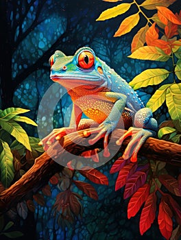 Colorful frog on the branch in rainforest