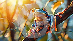 Colorful Frog Illustration on a Branch in the Style of Zbrush photo