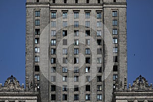 Colorful front of residential building in Warsaw. Vertical patterns, lines, abstract