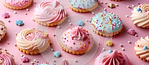 Colorful frosted cupcakes on pink background