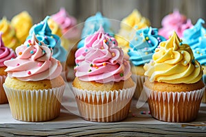Colorful frosted cupcakes with sprinkles. Ideal image