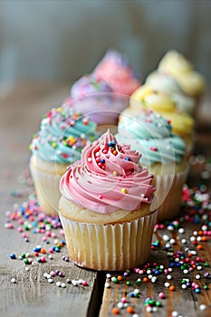 Colorful frosted cupcakes with sprinkles on a rustic metal surface